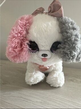 Plush White Puppy Toy with Pink and Gray Ears - Cute Bow Accent